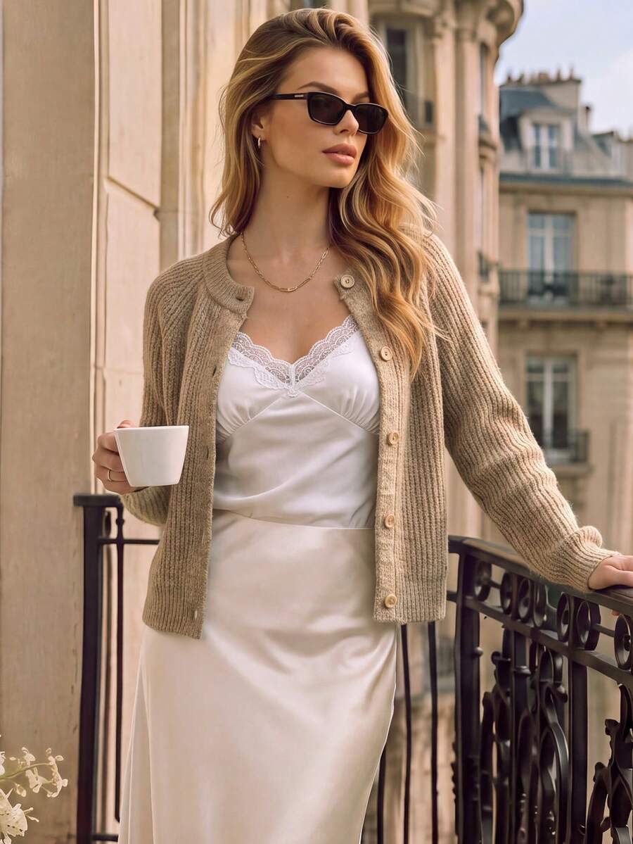 Women's Autumn Khaki Round Neck Knit Cardigan, Raglan Sleeve Button Front, Fluffy Soft Knit Top, Casual Autumn Daily Wear - Brown - View 1