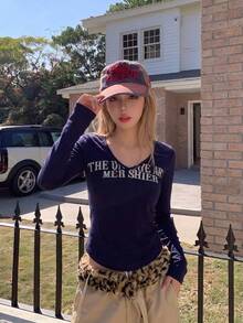 Women's American Vintage Letter Print Long Sleeve T-Shirt, Slim Fit, Flattering, Lazy Style Top - Navy Blue - View 4