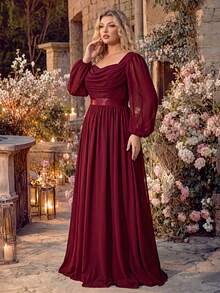 Women's Elegant Heart-Neckline Formal Evening Gown, Sexy Lantern Sleeves With High Slit Fall - Burgundy - View 4