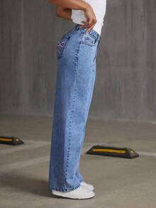 Teen Girl Oversized Bow Print Loose Fit Flared Denim Pants - Medium Wash - View 4