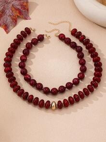 OABE 2pcs/Set Vintage Elegant Elegant Burgundy Beaded Layered Necklace Suitable For Women's Daily Wear - Burgundy - View 3