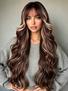 Wig bergelombang dengan highlight cokelat gradien sepanjang 24 inci dengan poni, rambut serat sintetis tahan panas, potongan rambut alami, cocok untuk pemakaian sehari-hari, pesta, cosplay, dan semua musim. - Sorot Coklat - View 2