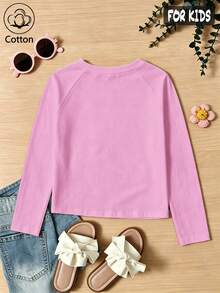 Girls Cotton Raglan Long Sleeve Tee, Autumn Winter Top With Floral Print & Sweet Saying, Cute Girly Preppy Style - Light Wine Red - View 11