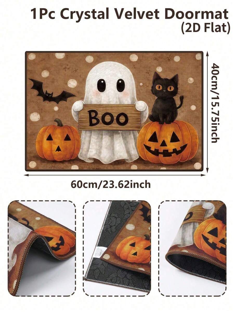 1PC Halloween Crystal Velvet Doormat, Ghost Pumpkin Black Cat Door Mat, Machine Washable Stain-Resistant Welcome Rug, Trick Or Treat Party Decor - Multicolor-1 - View 1