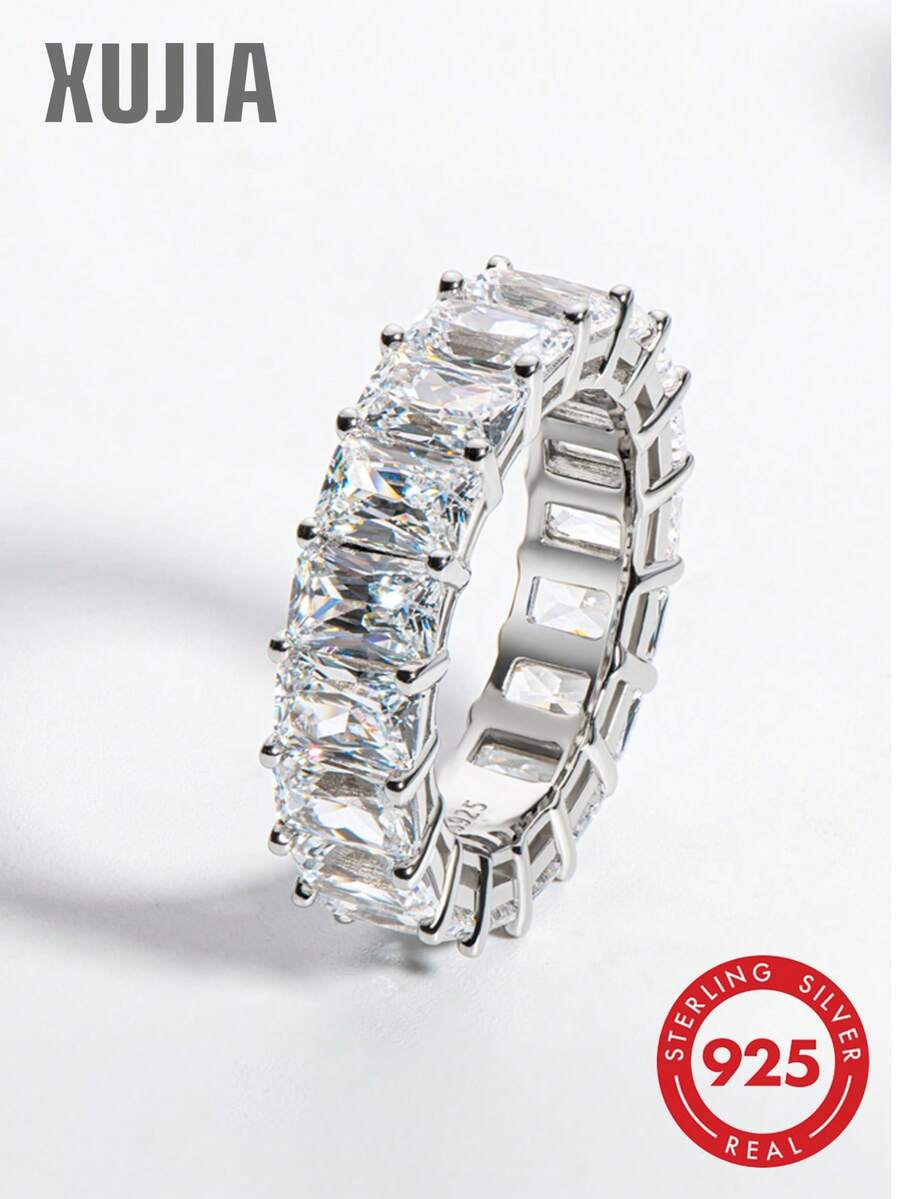 XUJIA 1PC 4x6mm Radiant Cut Cubic Zirconia Eternity Ring For Women 925 Sterling Silver Wedding Band For Women, 4x6mm Radiant 5A+ CZ Ring Jewelry Gift