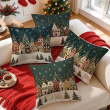 4pcs/1pc Christmas Fairy Tale Town Pattern Pillow Case Without Insert, Single-Sided Printed Pillow Case, Suitable For Living Room Bedroom Home Decor, All Season Pillow Case - Multicolor - View 6
