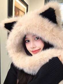 Women's Thick Fleece Scarf Hat With Fox Ears, Windproof Warm Neck Warmer, Face-Slimming Beanie For Autumn And Winter - A - View 2