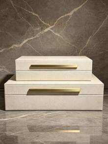 2pcs Large And Small Litchi Texture PU Leather Jewelry Box With Lid, Cream White Rectangular, Matte Gold Zinc Alloy Bar Handle, Luxury Jewelry Storage Box, Vanity Bedroom Room Decor Holiday Gift - Off White - View 8