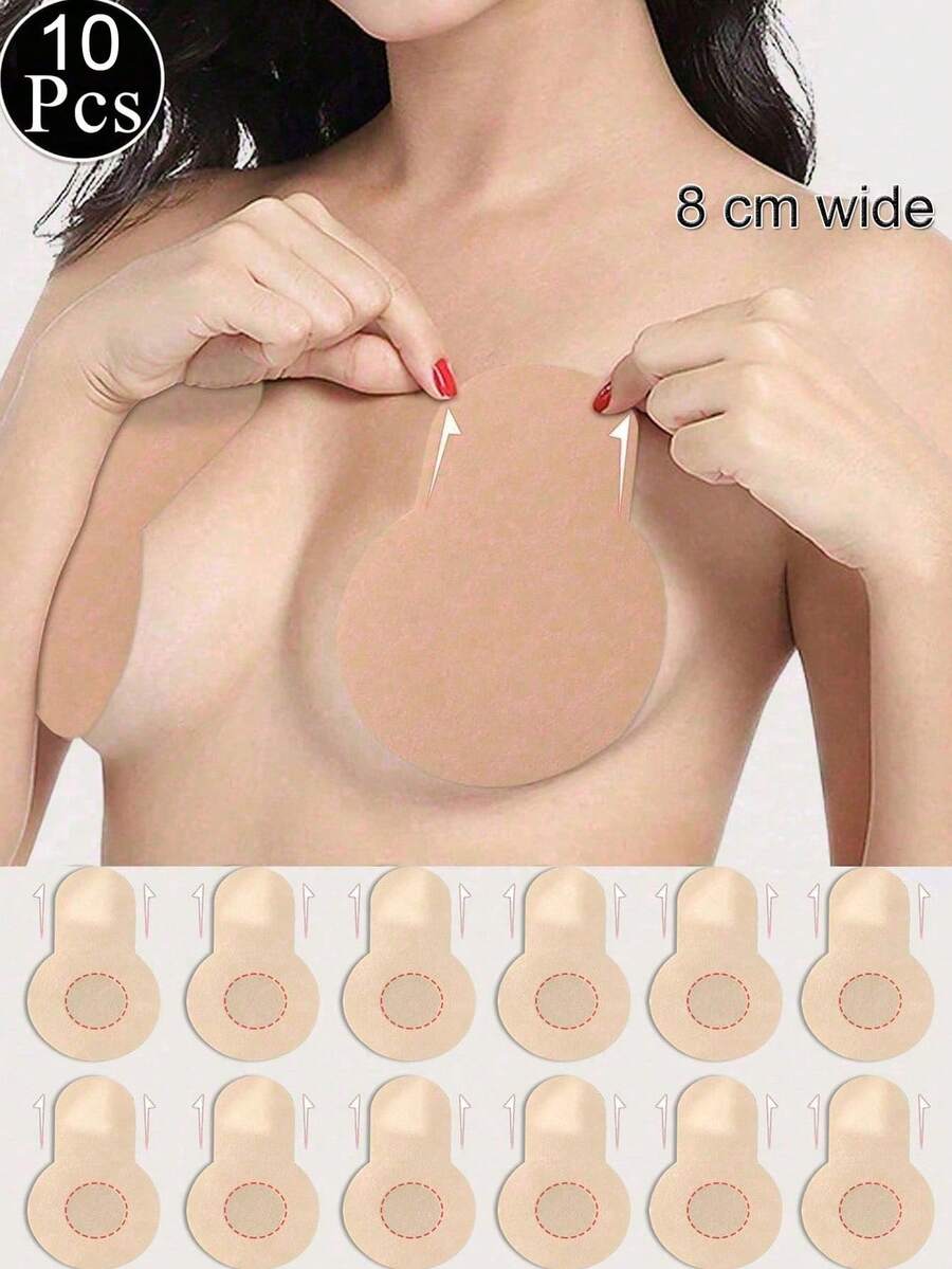 10pcs Invisible Self-Adhesive Nipple Covers, Reusable Strapless Plus Size Breast Petals, Lift & Conceal, Shape Enhancing - Apricot - View 1