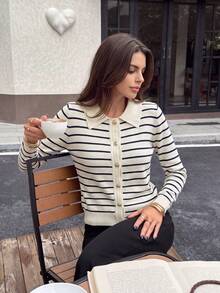 Autumn Striped Polo Collar Knit Cardigan, Exquisite Metal Gold Button Design, Slim Fit Waist, Vintage Elegant Slimming Versatile Long Sleeve Top Fall - Black Apricot Stripes - View 1