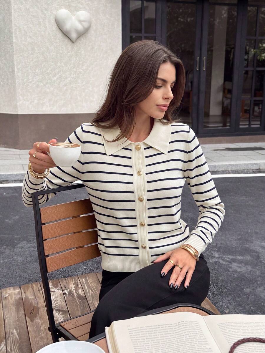 Autumn Striped Polo Collar Knit Cardigan, Exquisite Metal Gold Button Design, Slim Fit Waist, Vintage Elegant Slimming Versatile Long Sleeve Top Fall - Black Apricot Stripes - View 1