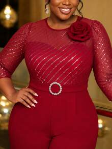 Curvy Women Elegant Burgundy Jumpsuits Sequin Mesh 3/4 Sleeve 3D Rose Rhinestone Belt Wide Leg Pants With Pockets Wedding Guest Church Party Outfit - Burgundy - View 2