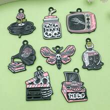 2/8pcs Black Gothic Enamel Charms Alloy Skeleton Moth Record Player Skull Pendant For DIY Halloween Bracelet Necklace Earring Jewelry Making Findings - Black - View 14