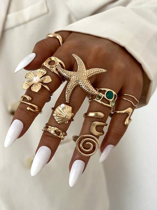 12/6pcs Vintage Elegant Casual Women's Green Gemstone Metal Starfish Flower Shell Ring Set, Suitable For All Seasons, Daily Wear, Vacation, Party, Gathering, Gift