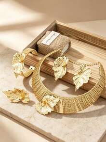 Letingsha Women's Gold Plated 4pcs Jewelry Set, Textured Necklace, Hollow Leaf Earrings, Open Cuff Bracelet, Adjustable Ring, Anti-Oxidation Design, Suitable For Brides, Formal Occasions And Holiday Outfits - Yellow Gold - View 4
