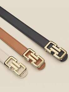1/2/3pcs Solid Color Geometric Snap Button Belt With Gold Buckle, Minimalist Versatile Waist Belt - Gold Buckle - View 1