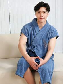 1 Pc Men's Lightweight Kimono Robe Japanese Bathrobes Breathable Fabric,Soft Fluffy Absorbent Fleece Robe - Sleeveless Tie-waist Bathrobe - View 5