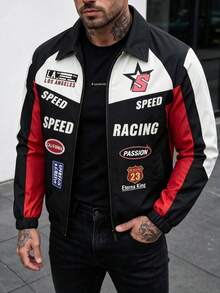 Men's Spring/Autumn Stylish Casual Letter Print Color-Blocked Motorcycle Racing Jacket, Simple And Versatile Lapel Men's Coat, Suitable As A Gift For Friends, Husbands, Or Boyfriends. - Black - View 3