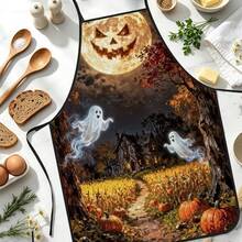 1pc Halloween Pumpkin Full Moon & Ghost Print Apron, Featuring Smiling Pumpkin Moon, Ghost & Cozy Cabin, Cornfield Pattern, Durable Cooking Apron Suitable For Bakers, Cake Decorators, Party Planners, Painters, Nail Artists - Personalized Gift For Home & Professional Chefs - Multicolor - View 3