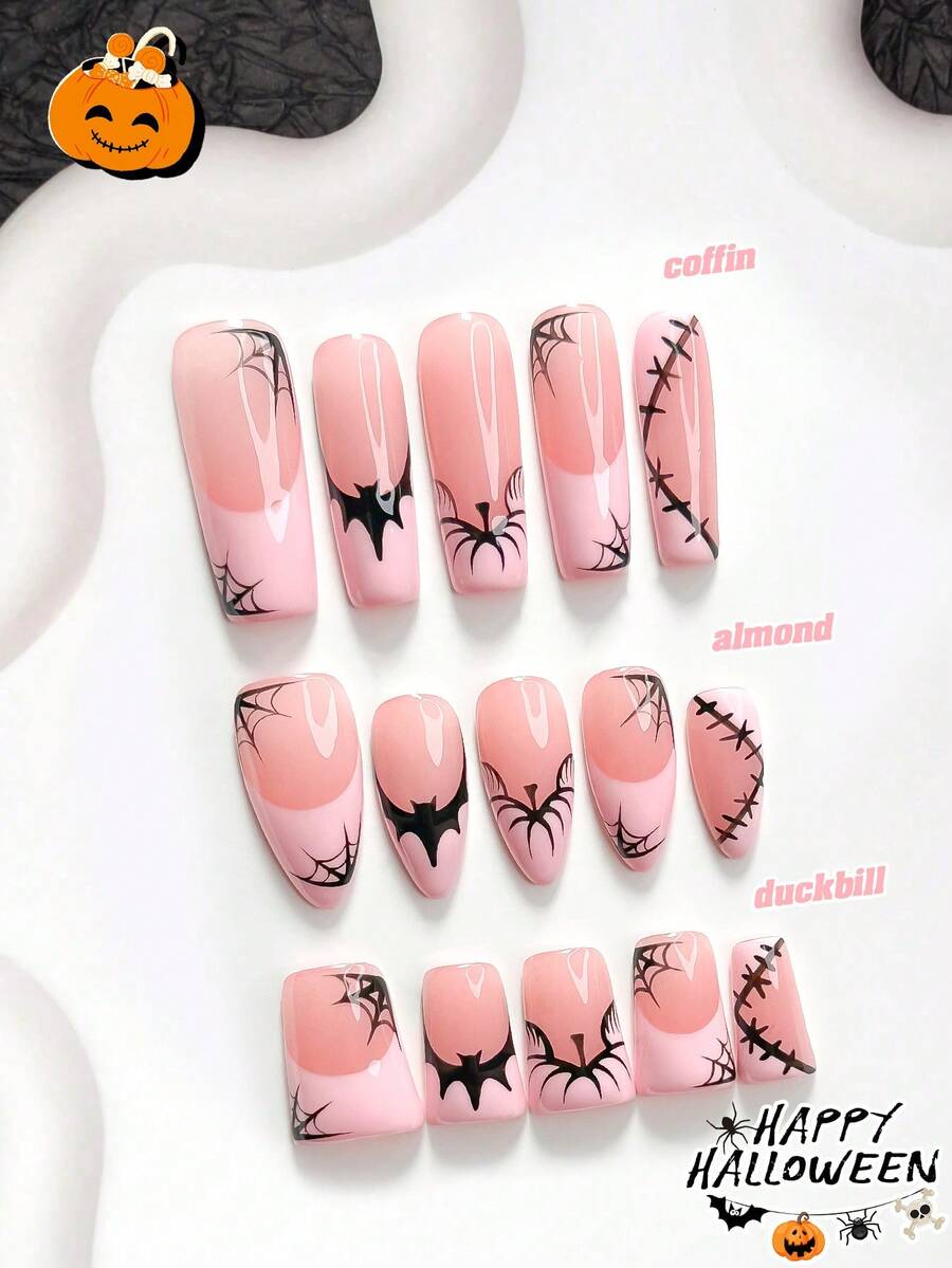 10pcs Halloween Theme Minimalist Handmade Press-On Nails, Polygel Nail Art Set, Pumpkin & Spider Web Pattern, Pink & Black Color, Sweet Style, Includes Nail Tools, 3 Sizes Available, Almond/Duck/Coffin Shape, Suitable For Party, Dancing, Daily Wear - Multicolor - View 1