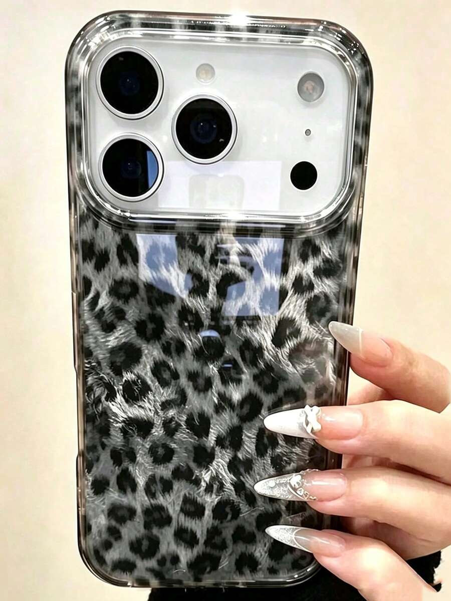 Luxury Autumn Brown Leopard Print Glitter Ice Phone Case, Compatible With IPhone 17 Pro Max 17 Pro 17 16 Pro Max 16 Pro 16 15 Pro Max 15 Pro 15 14 Pro Max 14 Pro 13 Pro Max 12 Pro Max 11, Fashionable Shockproof Anti-Drop Phone Case - Gray Leopard Print - View 1