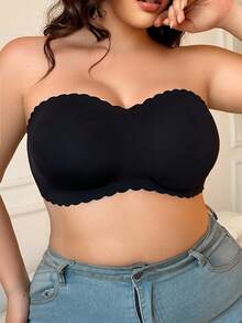 Women's Plus Size Strapless Wireless Bra, Wavy Edge Non-Slip Support Bandeau Bra, Smooth Molded Cups, Suitable For Off-Shoulder Tops And Dresses - Black - View 4