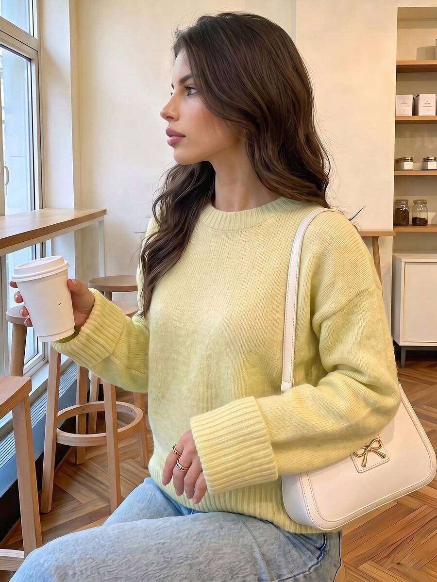 Women's Autumn Pale Yellow Crew Neck Knit Sweater, Dropped Shoulder, Folded Cuffs, Long Sleeve, Ribbed Hem, Oversized, Casual, Outdoor, Daily Top - Yellow - View 1