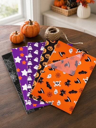50 Sheets Halloween Tissue Paper, Spider, Pumpkin, Bat Multiple Patterns, Black, Purple, Orange, Suitable For Gift Bags, DIY Crafts, Halloween Party Gift Decoration, Harvest Festival, Thanksgiving Gift Wrapping, Halloween Decoration, Party Gift Wrapping