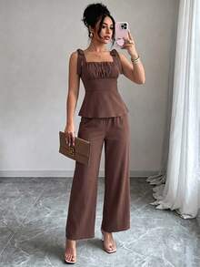 Women's Summer Coffee Brown Halter Top + High Waist Wide Leg Pants 2 Pieces Set - Brown - View 1