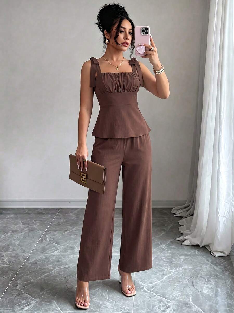 Women's Summer Coffee Brown Halter Top + High Waist Wide Leg Pants 2 Pieces Set - Brown - View 1