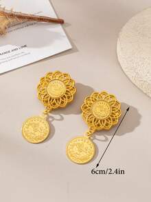 1 Pair Gold-Plated Flower Turkish Coin Women's Cufflinks, Luxury Gold-Plated Bridal Brooch Jewelry, Kurdish Wedding Festival Accessory - Yellow Gold - View 3