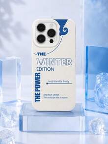 1pc Minimalist Text 15 14 13 12 11 Pro Max Phone Case, Cream White Textured Leather Background, Klein Blue "The Winter Edition The Power" Energy Drink Text Abstract Curve Pattern, Cream White Border Shockproof Phone Case - Beige - View 15