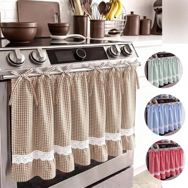 1pc Handmade Farmhouse Style Oven Skirt Cover, Handmade Country Style Oven Curtain, Handmade Oven Cover, Plaid Pattern Blended Fabric Oven Curtain, Can Be Installed To Hide Clutter, Suitable For Stoves With Tie Ropes, Ruffle Trim, Home Kitchen Decor