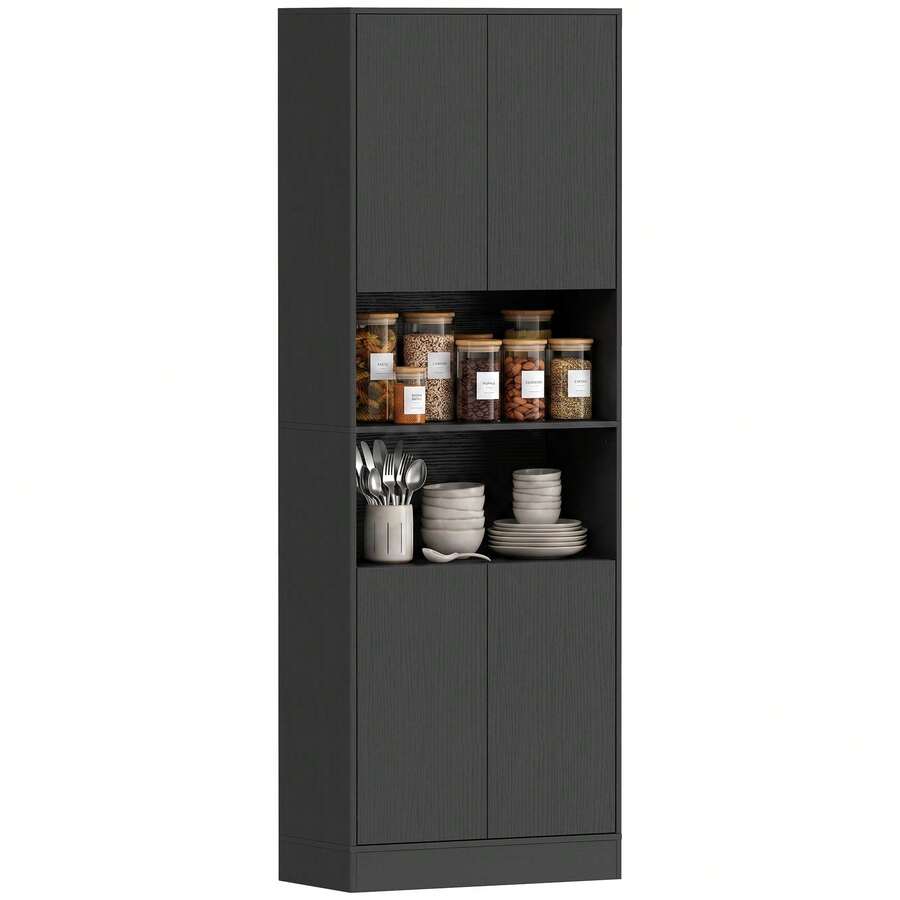 HOMCOM Buffet Haut Cuisine, Armoire de Cuisine, Vaisselier, 4 Portes à Fermeture Douce, 2 Compartiments Ouverts et Étagères Réglables, Meuble de Rangement pour Salon, Salle à Manger, 60x30x170cm, Noir - Noir - Voir 1