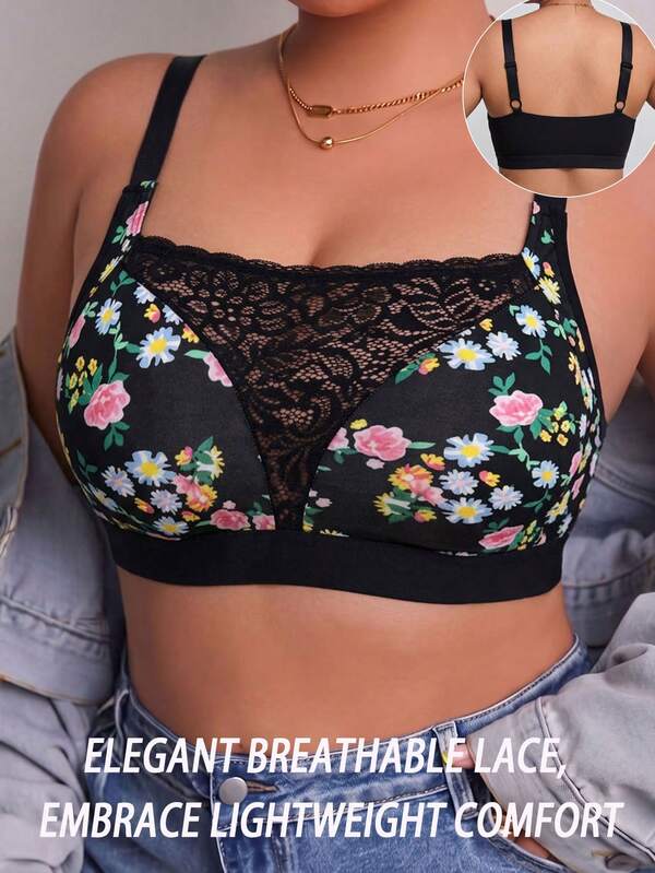 Plus Size Women's Lace Patchwork Floral Print Bra, Wireless Casual Comfortable Back Design Thin Sports