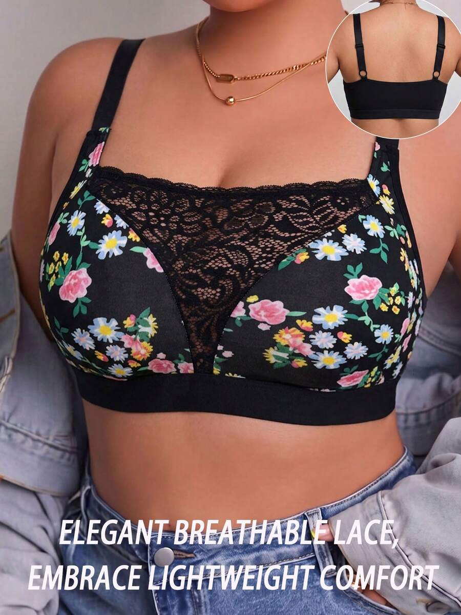 Plus Size Women's Lace Patchwork Floral Print Bra, Wireless Casual Comfortable Back Design Thin Sports - Black - View 1