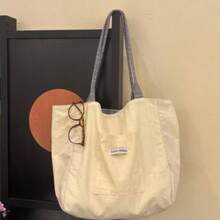Korean Style Slouchy Striped Canvas Tote Bag Large Capacity Minimalist Versatile Shoulder Bag Niche Universal Shopping Bag - White - View 7