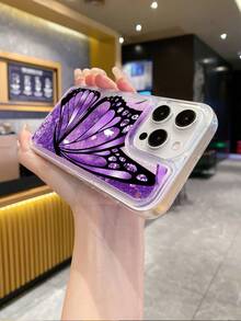 1pc Transparent TPU+PC Soft & Hard Combination Purple Liquid Quicksand Glitter Purple Butterfly Print Pattern Anti-Drop Phone Case, Fashionable Versatile Creative Personalized Full Coverage Phone Case, Suitable As Birthday Gift/Holiday Gift For Girlfriend, Best Friend, Wife, Lover, Relative, Boss, Couple, Classmate, Teacher, Colleague, Yourself, Compatible With/Matching Phone Case/Liquid Quicksand Phone Case/Interesting Phone Case/Android Phone Case/ Galaxy - Multicolor - View 5