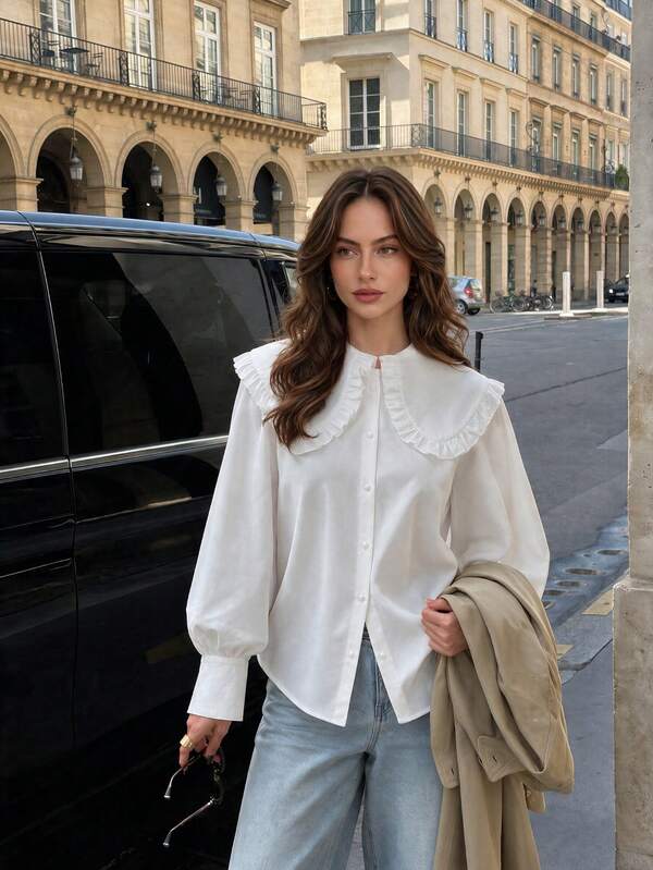 White Women Plus Size Solid Color Peter Pan Collar Front Button Long Sleeve Casual Daily Blouse, Back To School, Valentine's Day, New Year