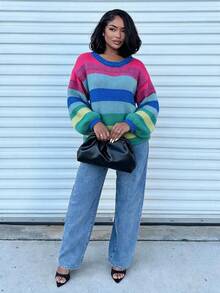 DVSLOE Women Casual Rainbow Stripe Fall Winter Sweater, Round Neck Lantern Long Sleeve Loose Knit Pullover For Daily, Dating, Going Out - Multicolor - View 3