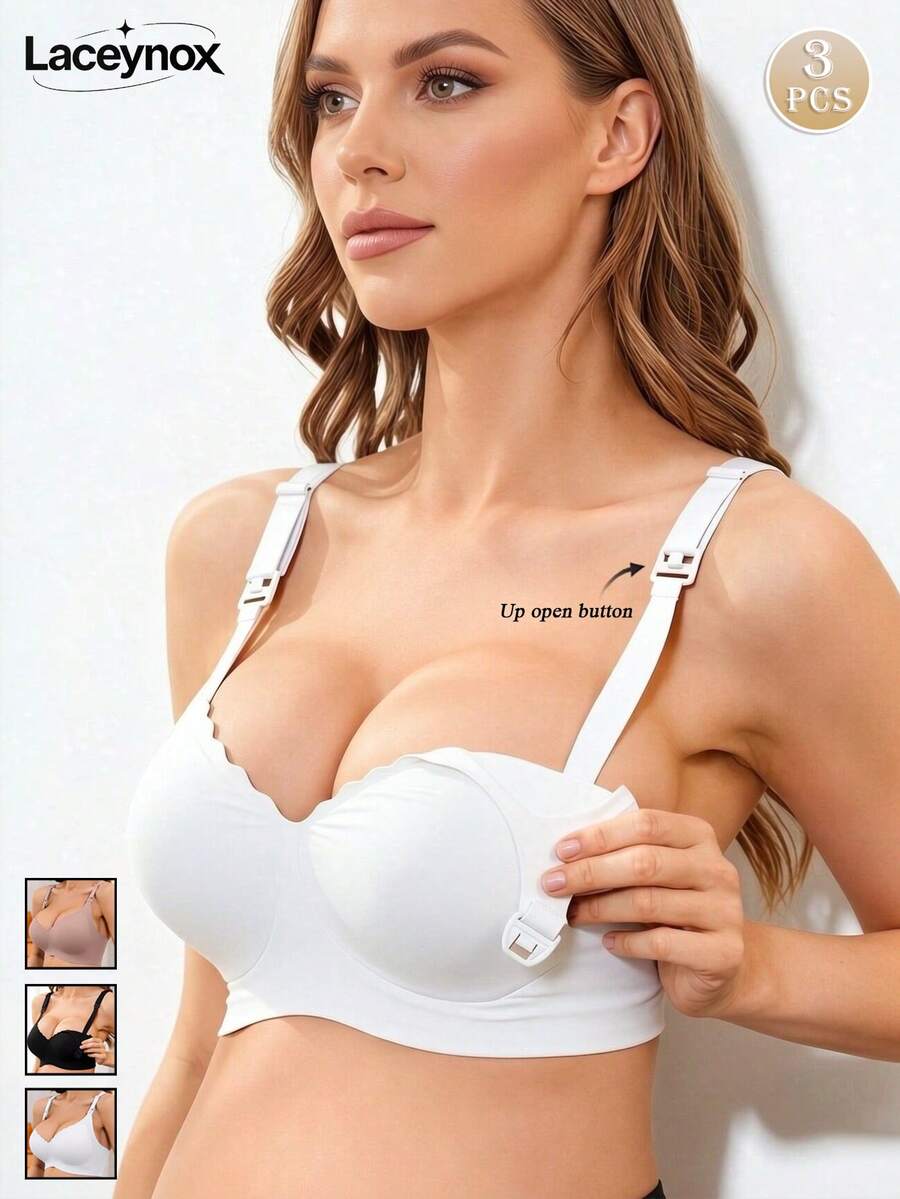 3PCS Women's Nursing Bra, Maternity & Breastfeeding Bra With Front Clasp, Push-Up, Anti-Sagging, Side-Boob Support, Wire-Free, Seamless
