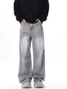 Men's Vintage Washed Distressed Structured Denim Jeans With Pocket - Light Grey - View 1