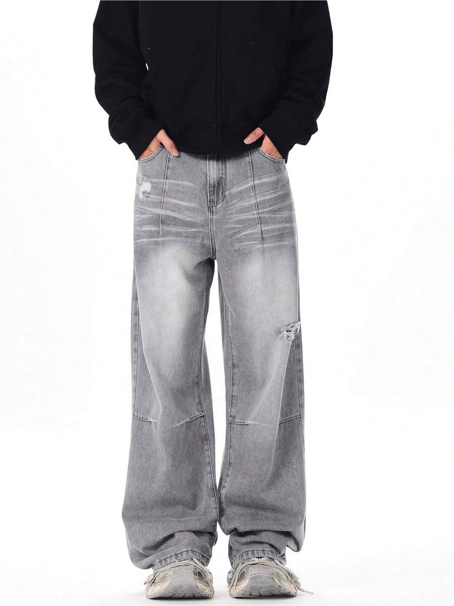 Men's Vintage Washed Distressed Structured Denim Jeans With Pocket - Light Grey - View 1