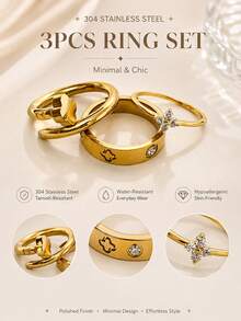 3pcs/Set Stainless Steel Clover Zirconia Rings, Waterproof Non-Fading Elegant Women's Jewelry, Suitable For Daily Wear And Party Charm, Ideal Gift - Gold - View 3