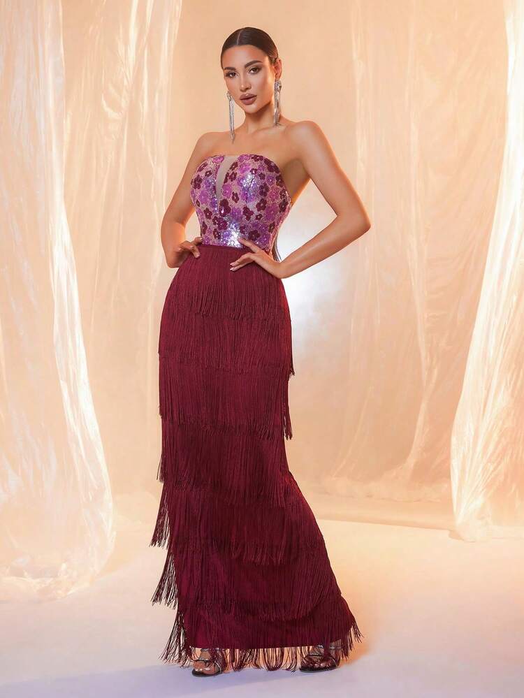 Gaun Pesta Malam Wanita Glamor dengan Motif Bunga Berwarna-warni, Payet, dan Payet, Tanpa Tali Bahu, Berlapis, dan Punggung Terbuka. - Burgundy - View 5