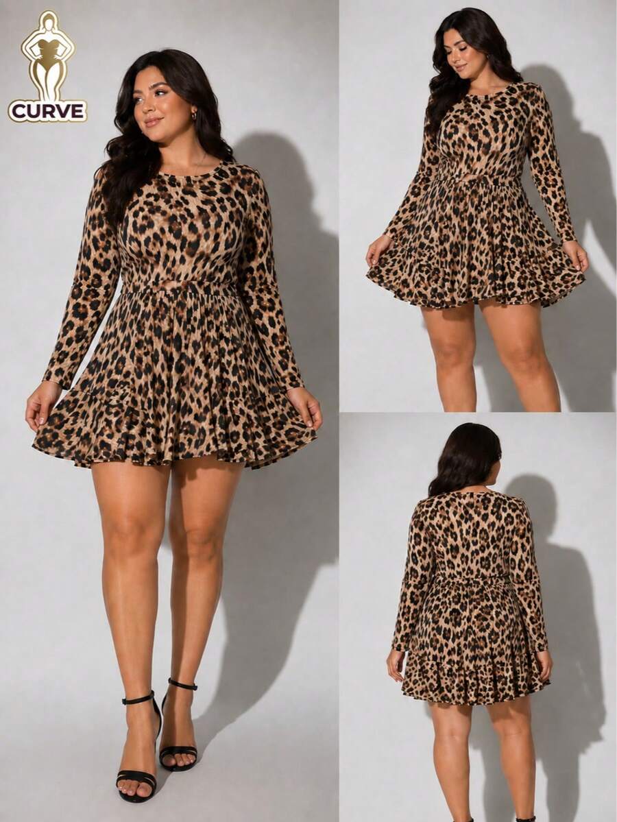 Vestido dama curvy animal print leopardo manga larga cuello redondo cintura marcada falda amplia sexy elegante casual moderno oficina fiesta uso diario primavera verano - Cafe - Ver 1