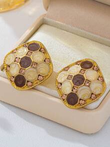 Pendientes de botón cuadrados de esmalte vintage, pendientes de lujo con textura de panal de abeja de bloques de color con incrustaciones de strass, versátiles para uso diario y fiestas - Dorado - Ver 2