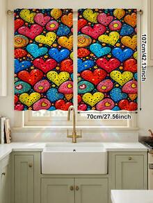 2Pcs Colorful Contrast Polka Dot Heart Print Curtains, Vibrant Artistic Heart Pattern, Living Room Bedroom Home Decor Hanging Curtains - Multicolor - View 11