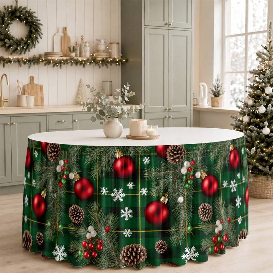 1pc Christmas Table Skirt/Tablecloth With Branches, Red Balls, Pinecones, Snowflakes, Holiday Atmosphere, Cozy Winter Christmas Party - A - View 1