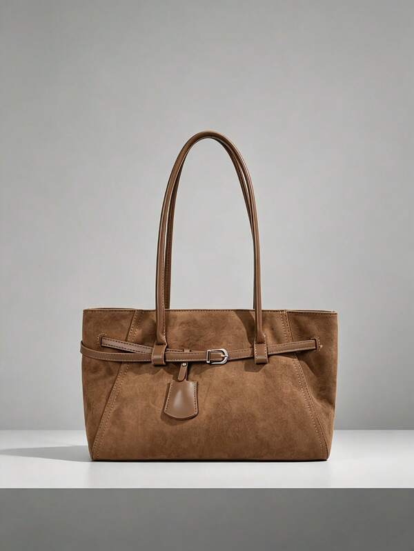 Vintage Barn Style Tote Bag, Contrast Color Smooth Leather Shoulder Strap, Leather Buckle Strap Decoration With Small Pendant, Large Capacity Body, Stitching Craftsmanship, Minimalist And Elegant, Autumn/Winter Vibe, Suitable For Daily Work, Commuting, Shopping And Travel, Elegant Women's Shoulder Handbag
